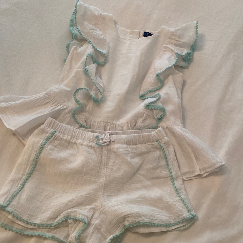 Polo Ralph Lauren Gauzy White and Mint Green Top and Short Set